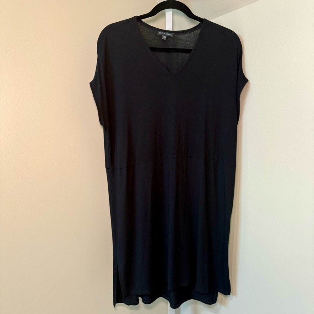 Eileen Fisher Size‎ Small Black Viscose Jersey V-Neck Short Sleeve Shift Dress